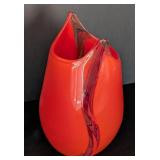 UL - Unsigned Art Glass Vase - Bright Orange-Red With Clear Twist Edge