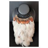 K - Feather Choker Necklace with Black Fringe & Brown-Orange Feathers