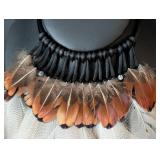 K - Feather Choker Necklace with Black Fringe & Brown-Orange Feathers