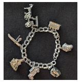 K - Sterling Silver Charm Bracelet - 7.5 in Long with Travel & Landmark Charms