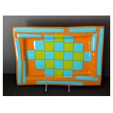 UL - Abstract Art Glass Dish - Orange Border with Turquoise & Lime Squares