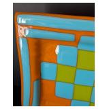 UL - Abstract Art Glass Dish - Orange Border with Turquoise & Lime Squares