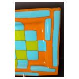UL - Abstract Art Glass Dish - Orange Border with Turquoise & Lime Squares
