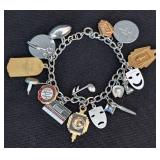 K - Vintage Sterling Silver Charm Bracelet with Gold-Filled Charms, 7.5 inches long