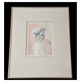 LB - Framed Vintage Portrait Print - Woman with Bird, Floral Border