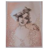 LB - Framed Vintage Portrait Print - Woman with Bird, Floral Border