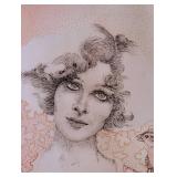 LB - Framed Vintage Portrait Print - Woman with Bird, Floral Border