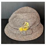 UL - MarkShale Vintage Hat - Brown Herringbone Tweed, Plaid Lining, Yellow Feather (Size 7)
