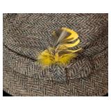 UL - MarkShale Vintage Hat - Brown Herringbone Tweed, Plaid Lining, Yellow Feather (Size 7)