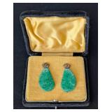 K - Vintage 9K Jade Drop Earrings with Floral Gold Caps - Carved Green Jade