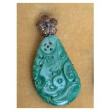 K - Vintage 9K Jade Drop Earrings with Floral Gold Caps - Carved Green Jade