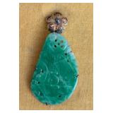 K - Vintage 9K Jade Drop Earrings with Floral Gold Caps - Carved Green Jade