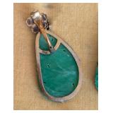 K - Vintage 9K Jade Drop Earrings with Floral Gold Caps - Carved Green Jade