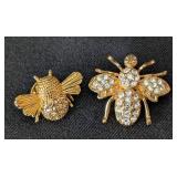 K - Gold Tone Bee Brooches with Clear Rhinestones (Lot of 2)
