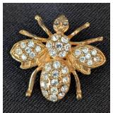 K - Gold Tone Bee Brooches with Clear Rhinestones (Lot of 2)