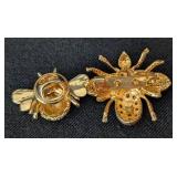 K - Gold Tone Bee Brooches with Clear Rhinestones (Lot of 2)