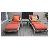P - Smith & Hawken Teak Patio Chairs with Cushions & Ottomans, Side Table