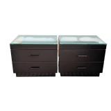 UL - Pair of Black Glass-Topped Nightstands - 2-Drawer