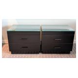 UL - Pair of Black Glass-Topped Nightstands - 2-Drawer