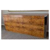 UL - Milo Baughman-Style Burled Wood Dresser with Chrome Accents