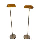 UL - Vintage Amber Glass Floor Lamps - Brass Stands - Pair
