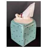 UL - Vintage Signed Ceramic Tissue Box Holder - Teal with Black Dots