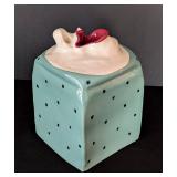 UL - Vintage Signed Ceramic Tissue Box Holder - Teal with Black Dots