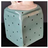 UL - Vintage Signed Ceramic Tissue Box Holder - Teal with Black Dots