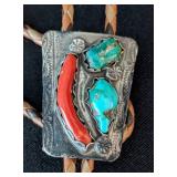 K - Bennett Bolo Tie Turquoise & Coral Inlay