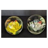 UL - Pair of Floral Art Glass Paperweights - Yellow & White Bloom, 3 in Diameter