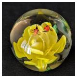 UL - Pair of Floral Art Glass Paperweights - Yellow & White Bloom, 3 in Diameter