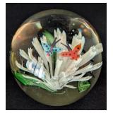 UL - Pair of Floral Art Glass Paperweights - Yellow & White Bloom, 3 in Diameter