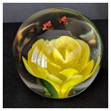 UL - Pair of Floral Art Glass Paperweights - Yellow & White Bloom, 3 in Diameter