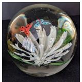 UL - Pair of Floral Art Glass Paperweights - Yellow & White Bloom, 3 in Diameter