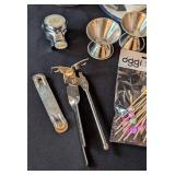 LB - Vintage Barware Lot: Moet Petite Liqueur Pitcher, Mumm Stopper, 3 Pkg Oggi Wood Picks