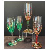 K - Hand Painted Stemware Set - Floral Green & Confetti Dots