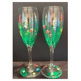 K - Hand Painted Stemware Set - Floral Green & Confetti Dots