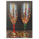 K - Hand Painted Stemware Set - Floral Green & Confetti Dots