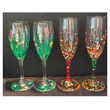 K - Hand Painted Stemware Set - Floral Green & Confetti Dots