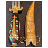 K - Vintage Dagger with Color-Inlaid Handle & Brass Guard - Leather Scabbard