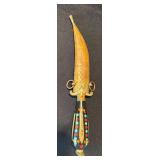 K - Vintage Dagger with Color-Inlaid Handle & Brass Guard - Leather Scabbard