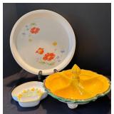P - Floral Ceramic Serving Set - Floral Plate, Yellow Pedestal Compote, Small Two-Section Dish