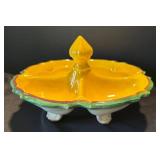 P - Floral Ceramic Serving Set - Floral Plate, Yellow Pedestal Compote, Small Two-Section Dish