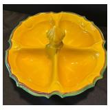 P - Floral Ceramic Serving Set - Floral Plate, Yellow Pedestal Compote, Small Two-Section Dish
