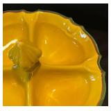 P - Floral Ceramic Serving Set - Floral Plate, Yellow Pedestal Compote, Small Two-Section Dish