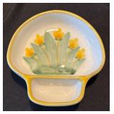 P - Floral Ceramic Serving Set - Floral Plate, Yellow Pedestal Compote, Small Two-Section Dish