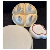 P - Floral Ceramic Serving Set - Floral Plate, Yellow Pedestal Compote, Small Two-Section Dish