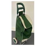 G - Vintage Rolling Bag - Green Canvas with Beige Trim on 2-Wheel Trolley