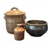 DR - Stoneware Canister, Glazed Bowl & Small Perforated Jar