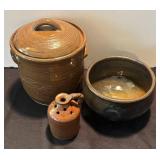 DR - Stoneware Canister, Glazed Bowl & Small Perforated Jar